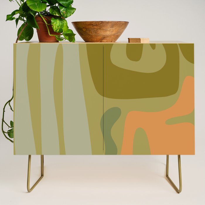 Mid Century Modern Kwaito Abstract Pattern in Vintage Olive Green and Cantaloupe Orange Credenza Gallery Image 1