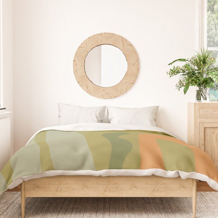 Mid Century Modern Kwaito Abstract Pattern in Vintage Olive Green and Cantaloupe Orange Duvet Cover Gallery Image 3