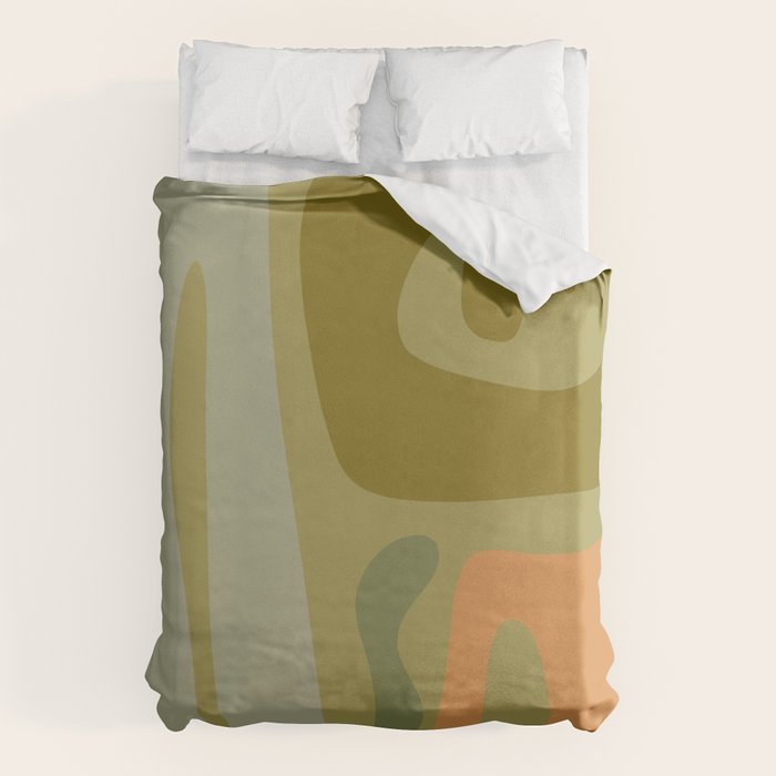 Mid Century Modern Kwaito Abstract Pattern in Vintage Olive Green and Cantaloupe Orange Duvet Cover Gallery Image 1