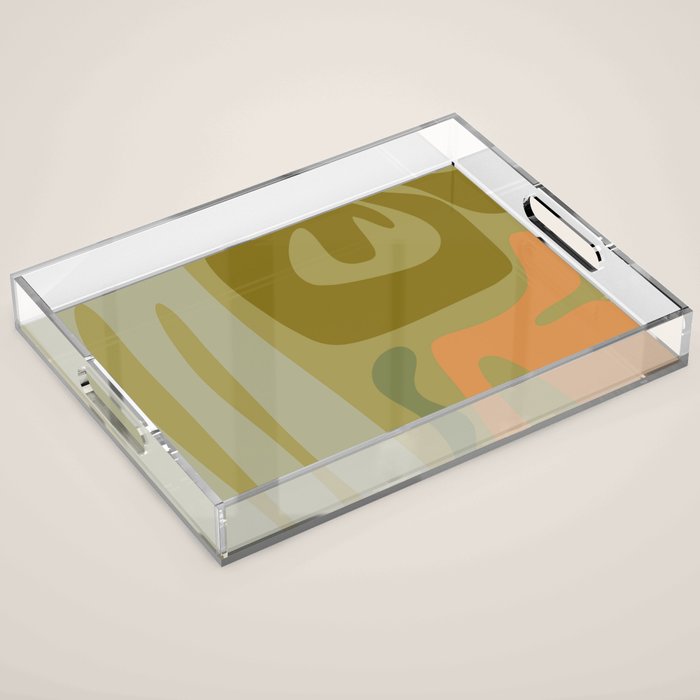 Mid Century Modern Kwaito Abstract Pattern in Vintage Olive Green and Cantaloupe Orange Acrylic Tray Gallery Image 1