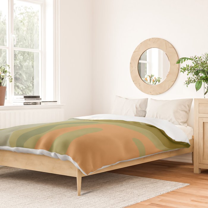 Mid Century Modern Kwaito Abstract Pattern in Vintage Olive Green and Cantaloupe Orange Duvet Cover Gallery Image 2