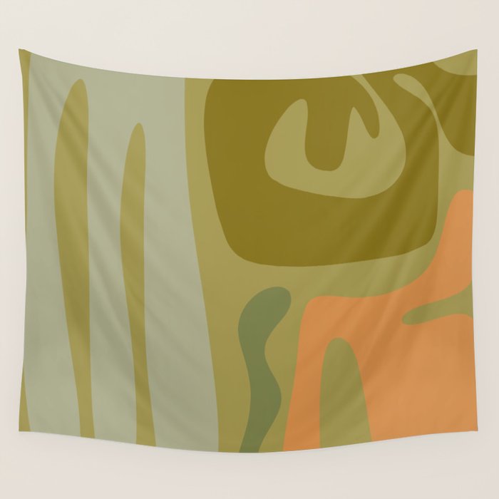 Mid Century Modern Kwaito Abstract Pattern in Vintage Olive Green and Cantaloupe Orange Wall Tapestry Gallery Image 1