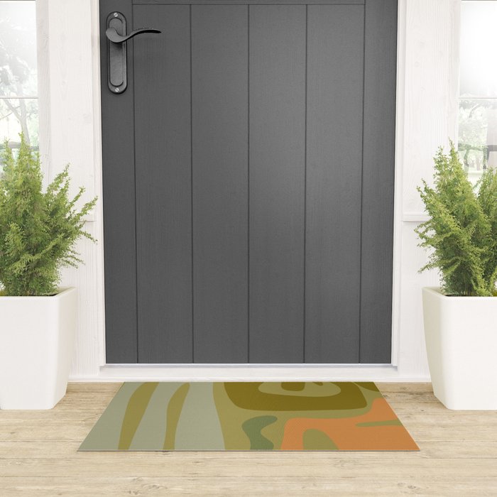 Mid Century Modern Kwaito Abstract Pattern in Vintage Olive Green and Cantaloupe Orange Welcome Mat Gallery Image 3
