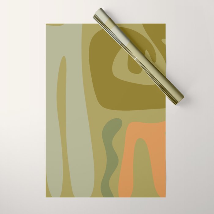 Mid Century Modern Kwaito Abstract Pattern in Vintage Olive Green and Cantaloupe Orange Wrapping Paper Gallery Image 1