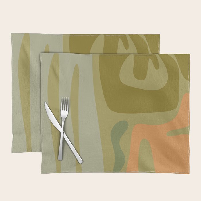 Mid Century Modern Kwaito Abstract Pattern in Vintage Olive Green and Cantaloupe Orange Placemat Gallery Image 1