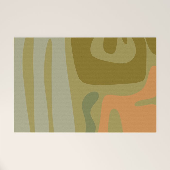 Mid Century Modern Kwaito Abstract Pattern in Vintage Olive Green and Cantaloupe Orange Welcome Mat Gallery Image 1