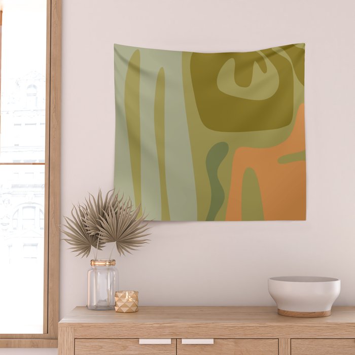 Mid Century Modern Kwaito Abstract Pattern in Vintage Olive Green and Cantaloupe Orange Wall Tapestry Gallery Image 2