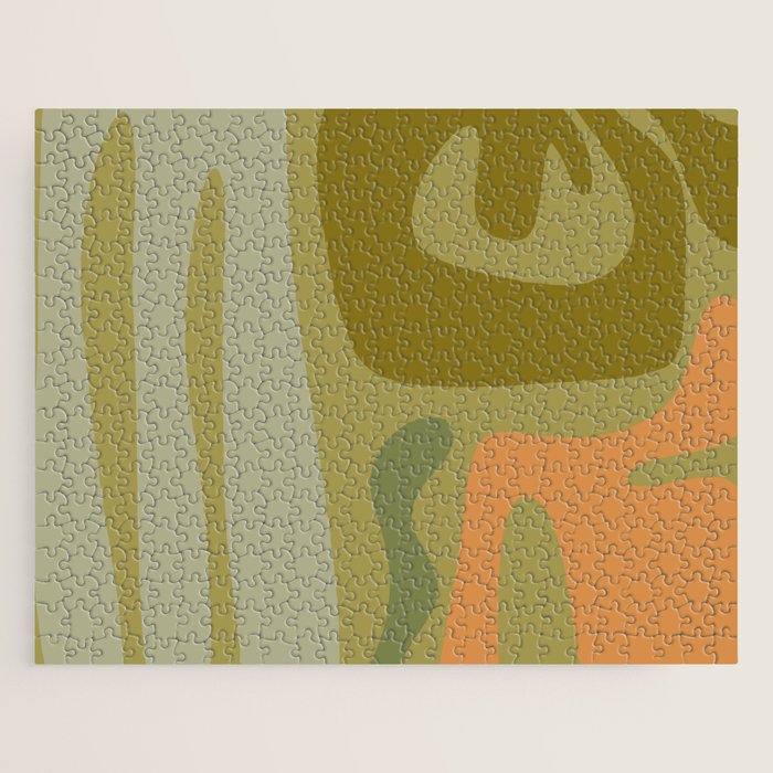 Mid Century Modern Kwaito Abstract Pattern in Vintage Olive Green and Cantaloupe Orange Jigsaw Puzzle Gallery Image 1