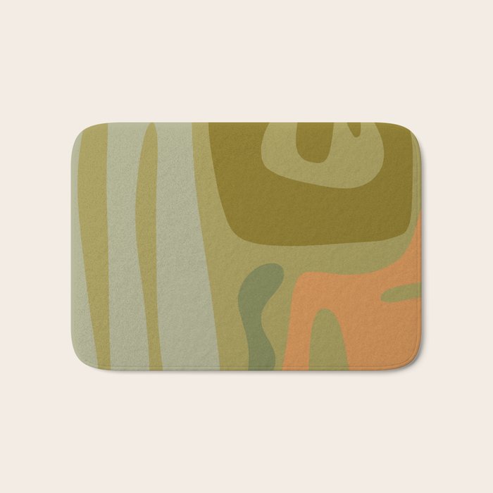 Mid Century Modern Kwaito Abstract Pattern in Vintage Olive Green and Cantaloupe Orange Bath Mat Gallery Image 1