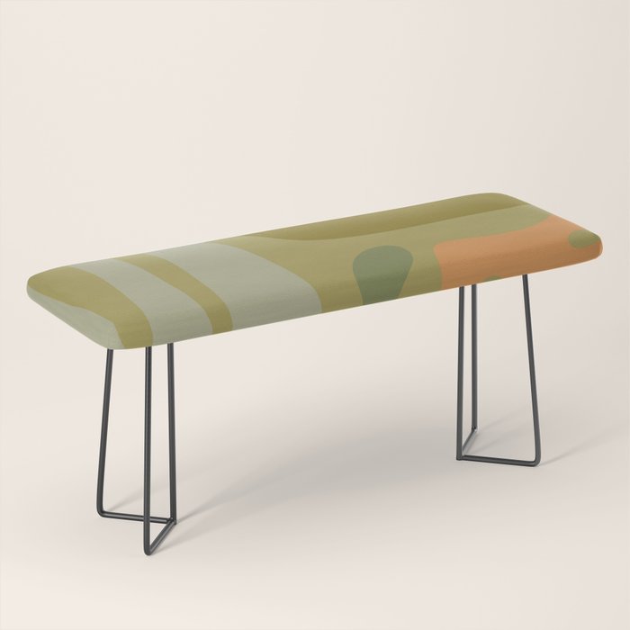Mid Century Modern Kwaito Abstract Pattern in Vintage Olive Green and Cantaloupe Orange Bench Gallery Image 1
