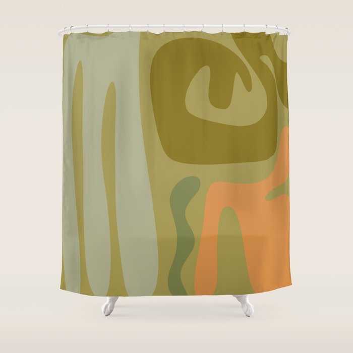 Mid Century Modern Kwaito Abstract Pattern in Vintage Olive Green and Cantaloupe Orange Shower Curtain Gallery Image 1