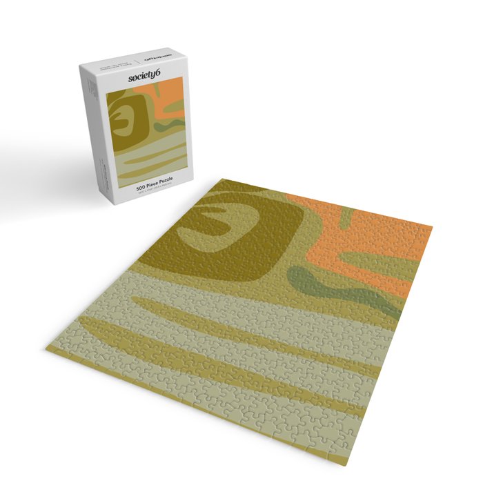 Mid Century Modern Kwaito Abstract Pattern in Vintage Olive Green and Cantaloupe Orange Jigsaw Puzzle Gallery Image 2
