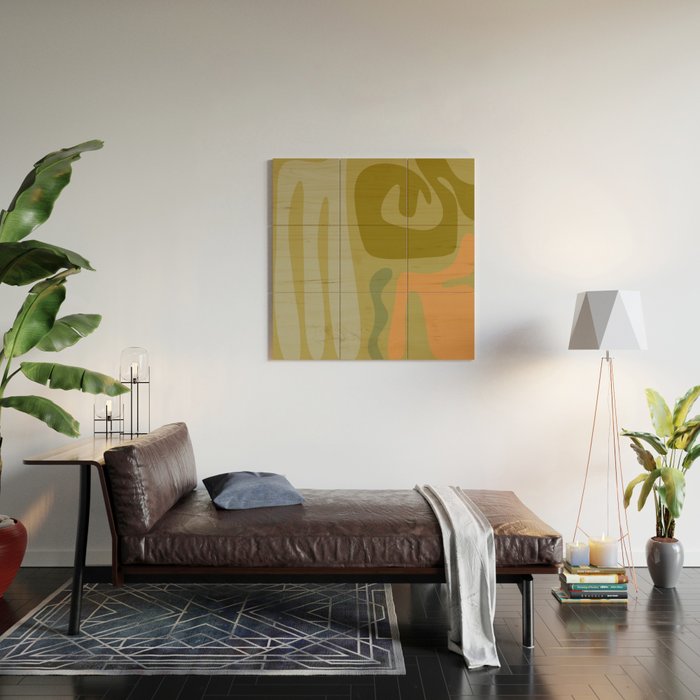 Mid Century Modern Kwaito Abstract Pattern in Vintage Olive Green and Cantaloupe Orange Wood Wall Art Gallery Image 2