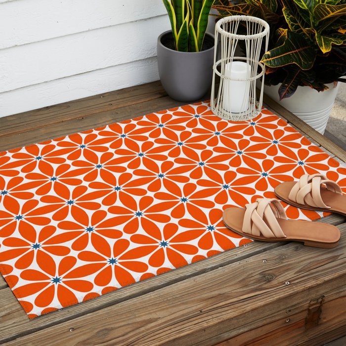 Bold Orange Floral Repeat Pattern Outdoor Rug Gallery Image 2