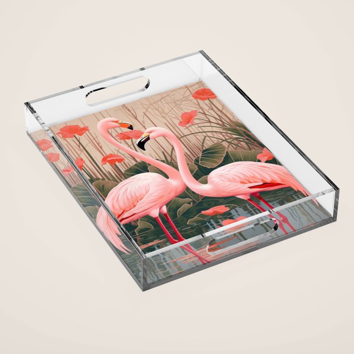Pink Flamingo Pair In The Bloom Acrylic Tray Gallery Image 1