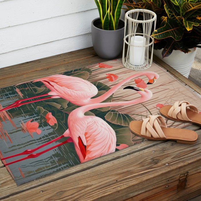 Pink Flamingo Pair In The Bloom Outdoor Rug Gallery Image 2