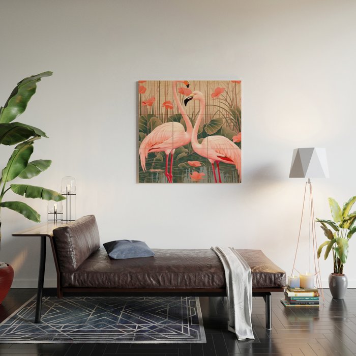 Pink Flamingo Pair In The Bloom Wood Wall Art Gallery Image 2
