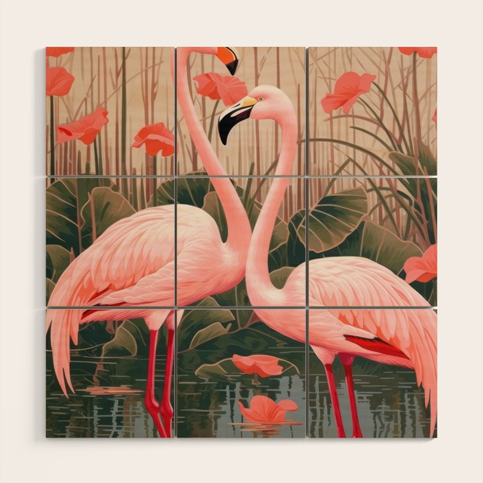 Pink Flamingo Pair In The Bloom Wood Wall Art Gallery Image 1
