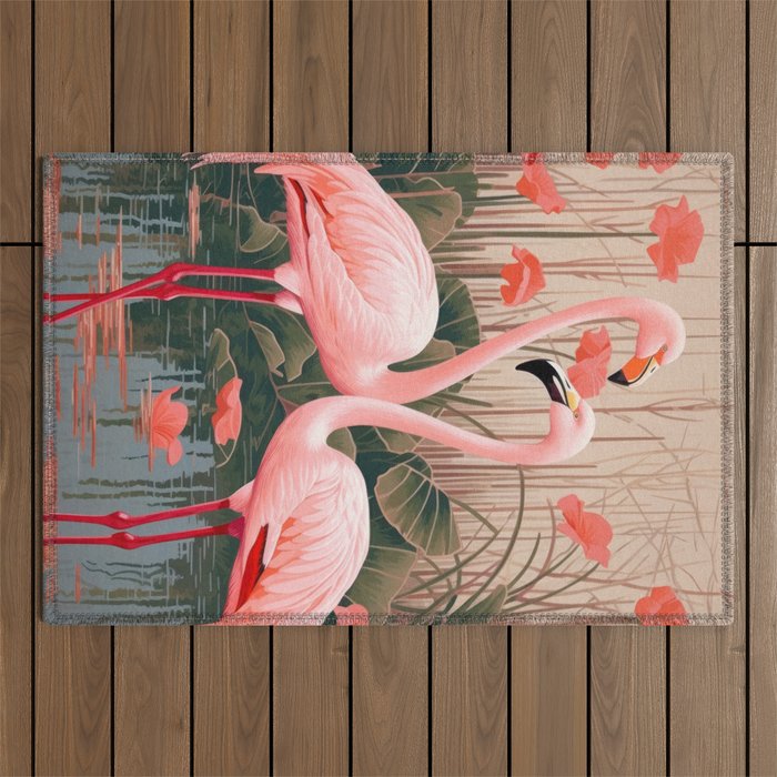 Pink Flamingo Pair In The Bloom Outdoor Rug Gallery Image 1