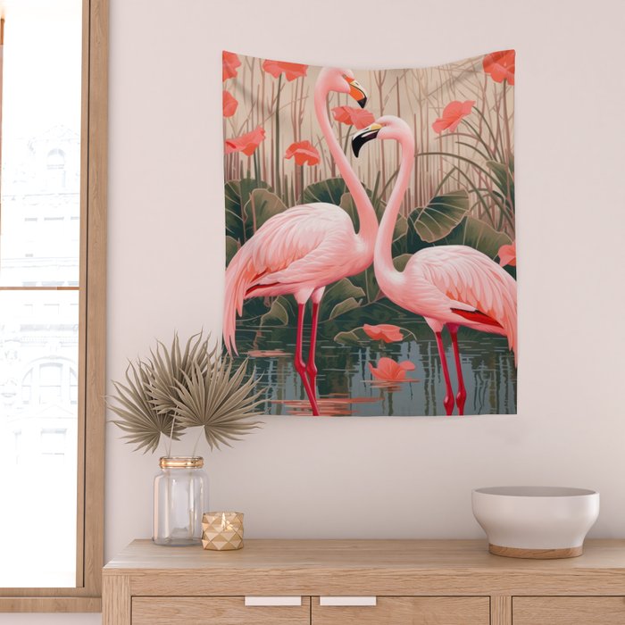 Pink Flamingo Pair In The Bloom Wall Tapestry Gallery Image 2