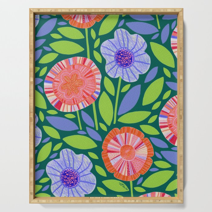 Folk Floral Blossoms in Turquoise Serving Tray Gallery Image 1