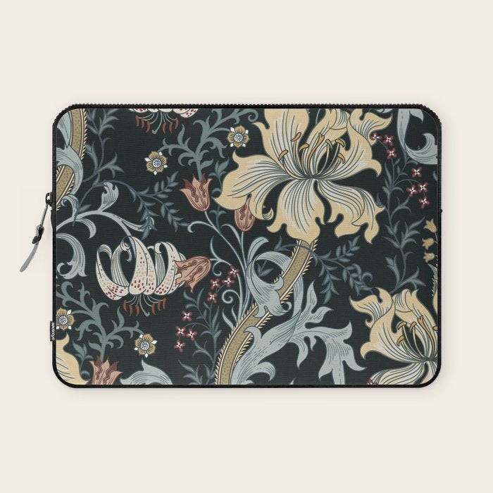 William Morris Enchanted Golden Lily Floral Black Gold  Laptop Sleeve Gallery Image 1