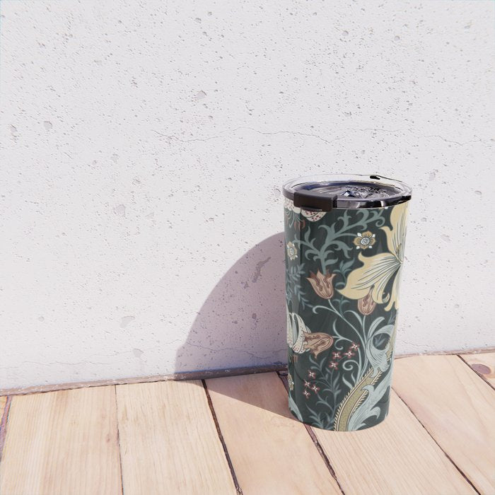 William Morris Enchanted Golden Lily Floral Black Gold  Travel Mug Gallery Image 4
