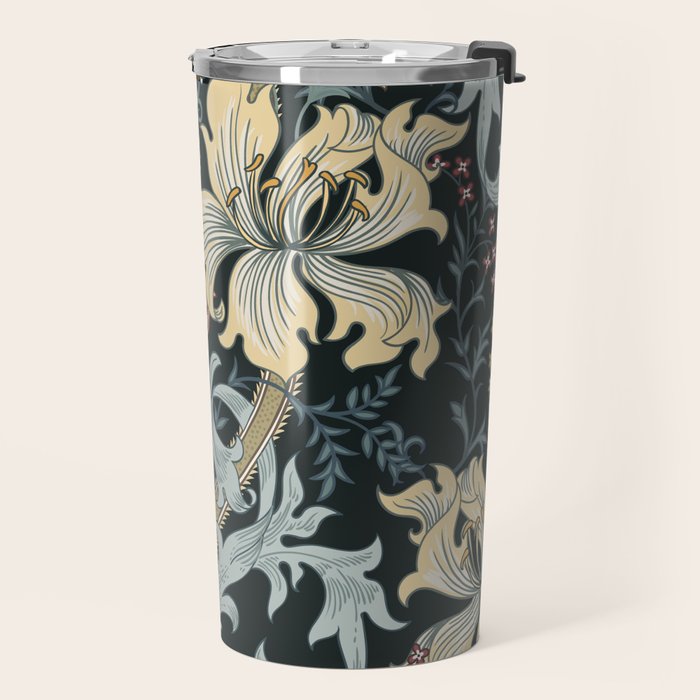 William Morris Enchanted Golden Lily Floral Black Gold  Travel Mug Gallery Image 2
