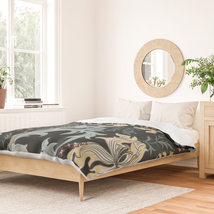 William Morris Enchanted Golden Lily Floral Black Gold  Duvet Cover Gallery Image 2