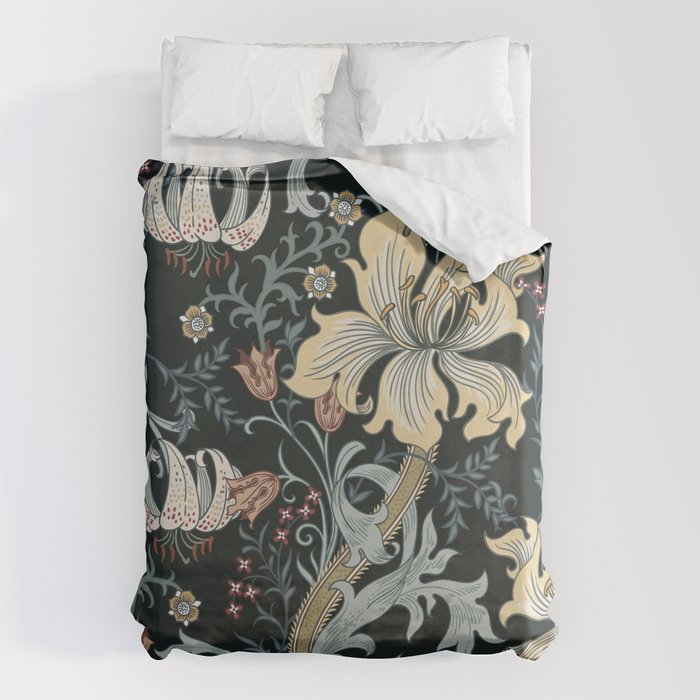 William Morris Enchanted Golden Lily Floral Black Gold  Duvet Cover Gallery Image 6