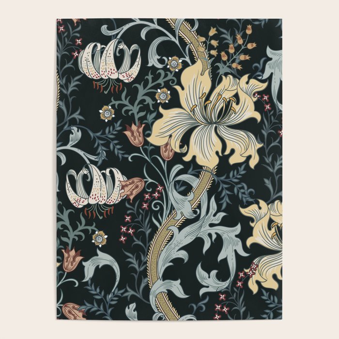 William Morris Enchanted Golden Lily Floral Black Gold  Poster Gallery Image 1