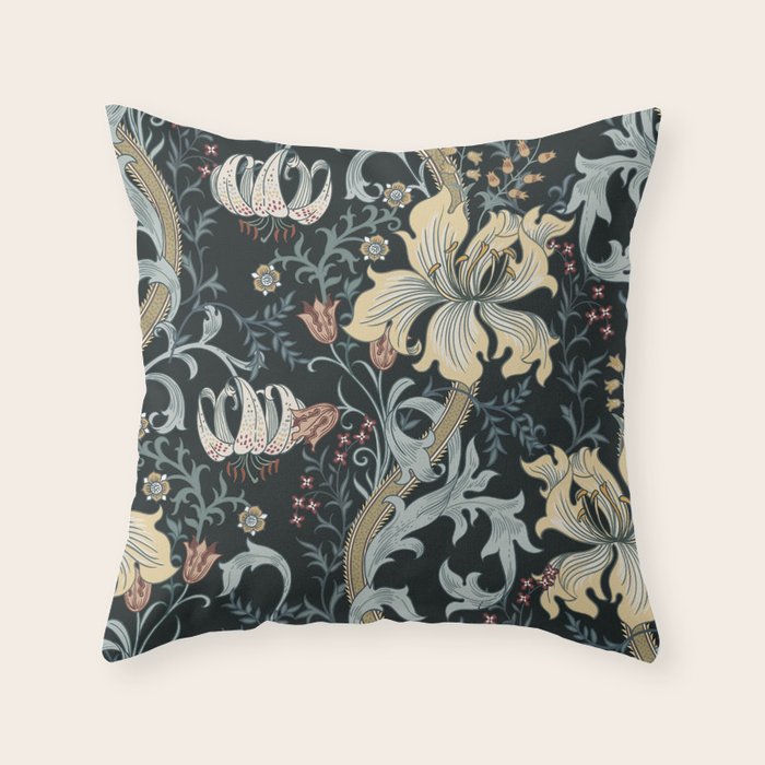 William Morris Enchanted Golden Lily Floral Black Gold  Throw Pillow Gallery Image 1