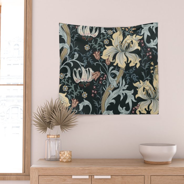 William Morris Enchanted Golden Lily Floral Black Gold  Wall Tapestry Gallery Image 2