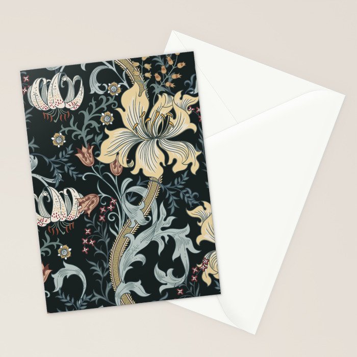 William Morris Enchanted Golden Lily Floral Black Gold  Stationery Card Gallery Image 2