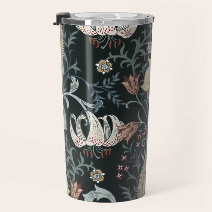 William Morris Enchanted Golden Lily Floral Black Gold  Travel Mug Gallery Image 3