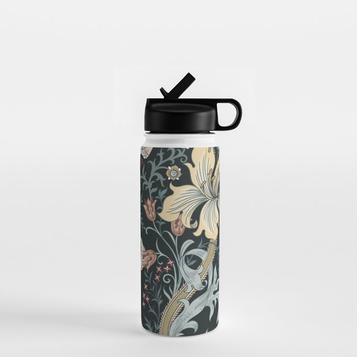 William Morris Enchanted Golden Lily Floral Black Gold  Water Bottle Gallery Image 1