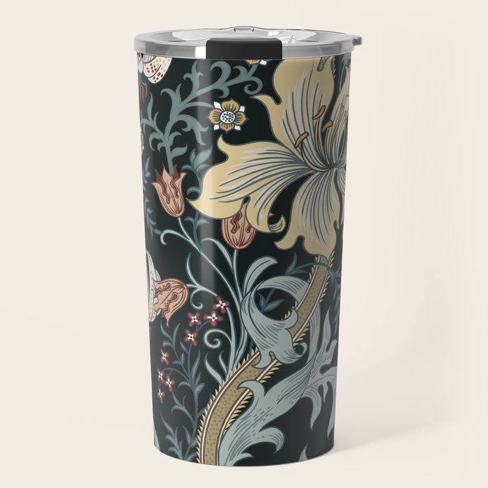 William Morris Enchanted Golden Lily Floral Black Gold  Travel Mug Gallery Image 1