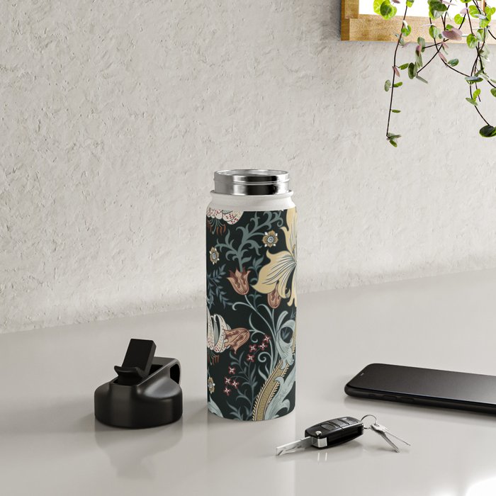 William Morris Enchanted Golden Lily Floral Black Gold  Water Bottle Gallery Image 4