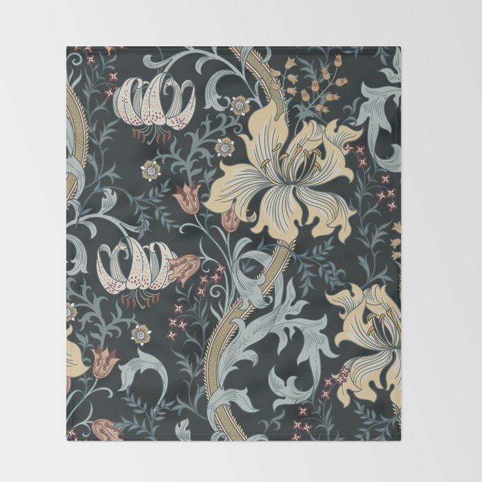 William Morris Enchanted Golden Lily Floral Black Gold  Throw Blanket Gallery Image 2