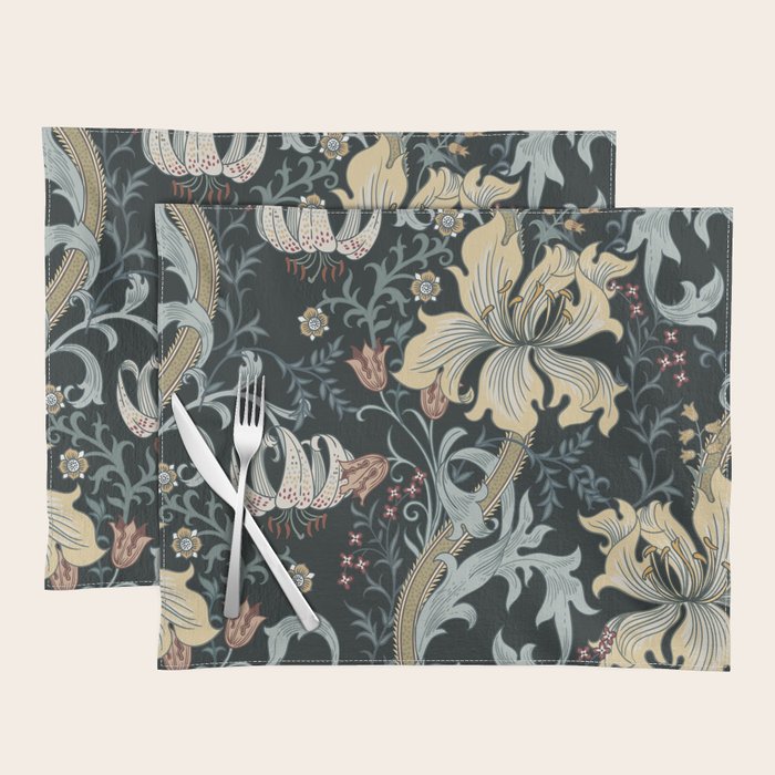William Morris Enchanted Golden Lily Floral Black Gold  Placemat Gallery Image 1