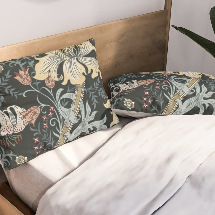 William Morris Enchanted Golden Lily Floral Black Gold  Pillow Sham Gallery Image 2