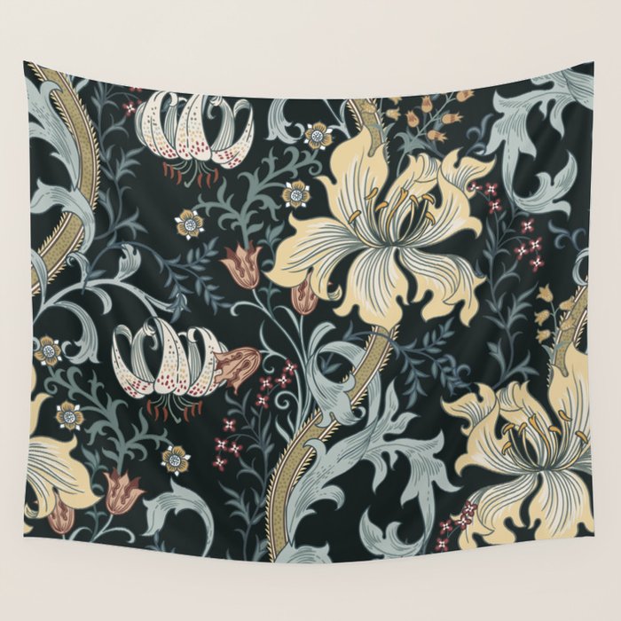 William Morris Enchanted Golden Lily Floral Black Gold  Wall Tapestry Gallery Image 4