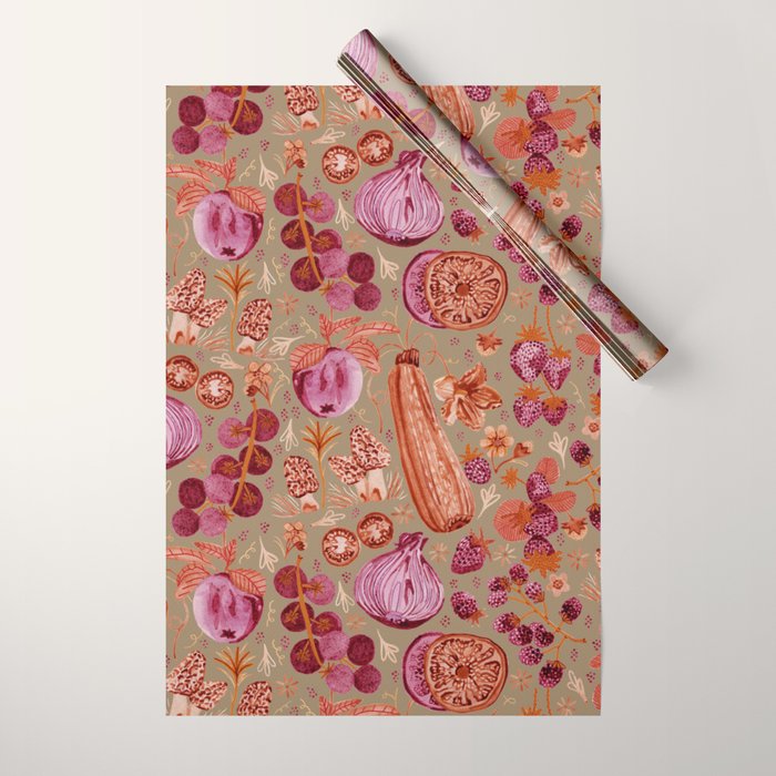 Garden Vegetables and Fresh Fruit in Mocha Mousse Wrapping Paper Gallery Image 1