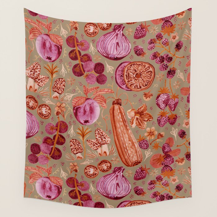 Garden Vegetables and Fresh Fruit in Mocha Mousse Wall Tapestry Gallery Image 4