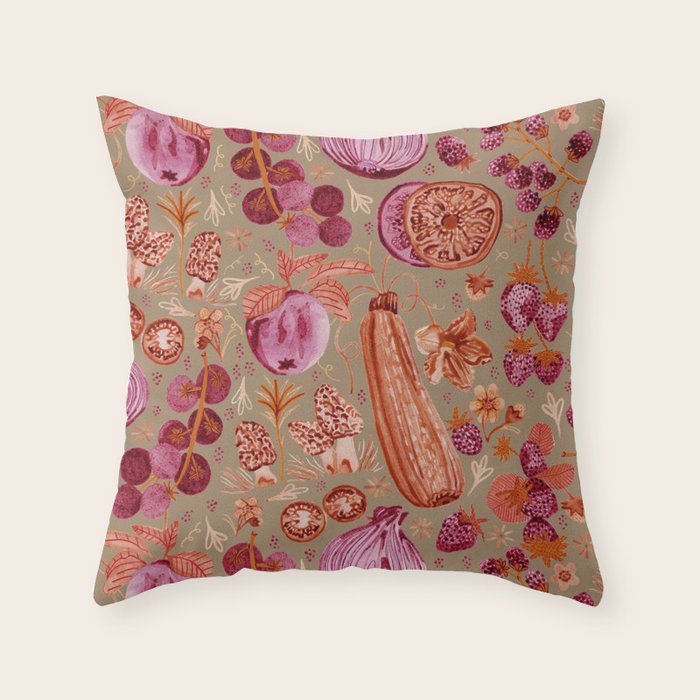 Garden Vegetables and Fresh Fruit in Mocha Mousse Throw Pillow Gallery Image 1