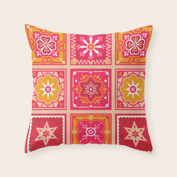 Talavera Mexican Tile - Hot Pink & Orange Palette Throw Pillow Gallery Image 1