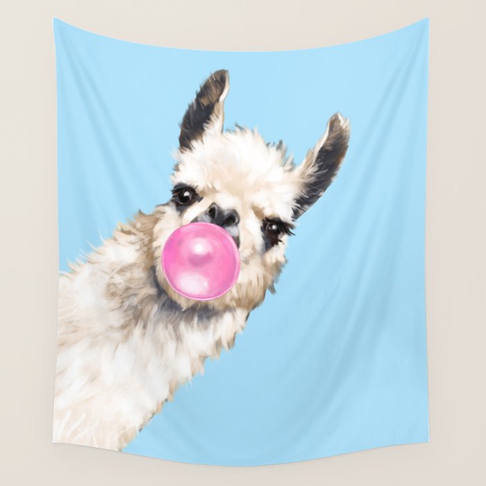 Bubble Gum Sneaky Llama in Blue Wall Tapestry Gallery Image 4