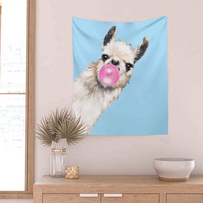 Bubble Gum Sneaky Llama in Blue Wall Tapestry Gallery Image 2