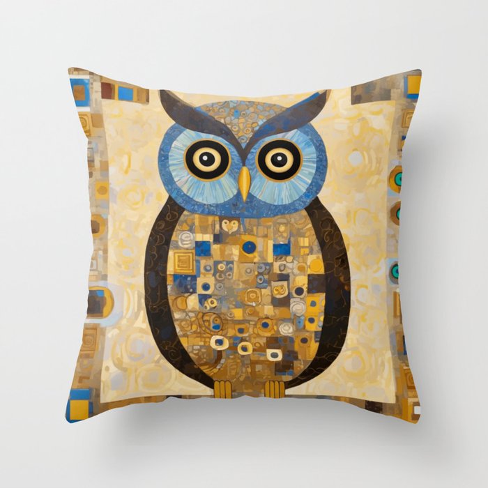 Gustav Klimt Style Blue and Gold Owl Throw Pillow Gallery Image 6