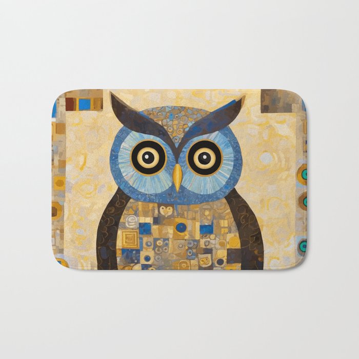 Gustav Klimt Style Blue and Gold Owl Bath Mat Gallery Image 1